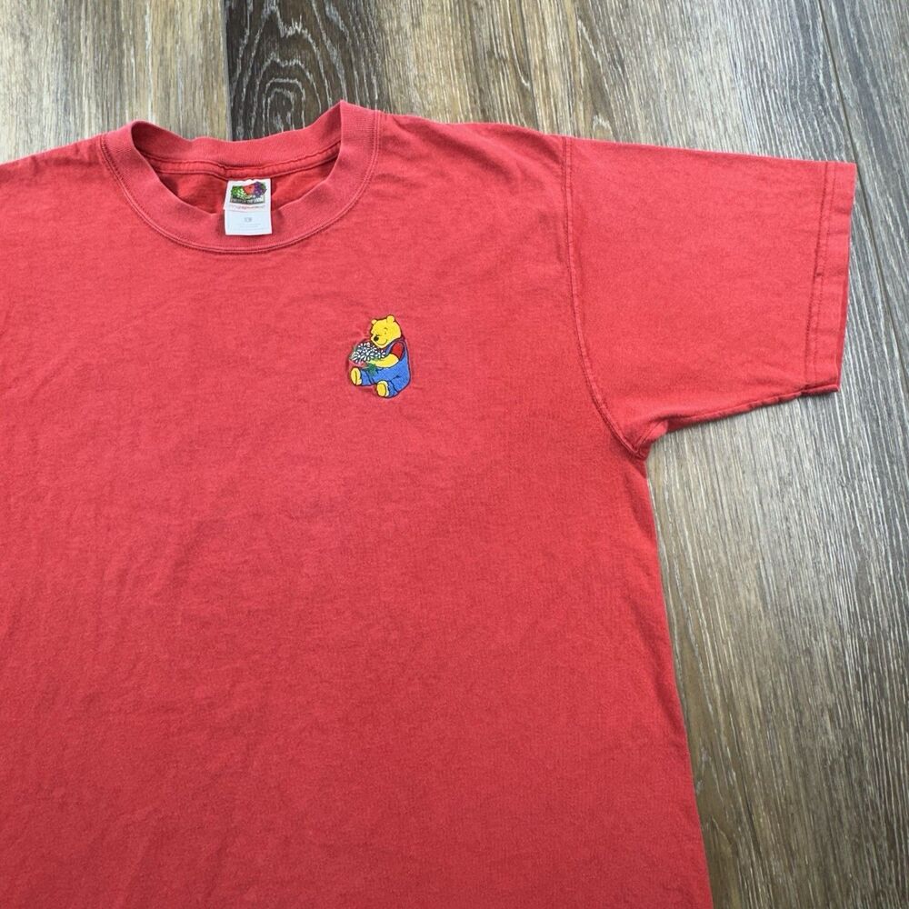 Vintage Winnie The Pooh Shirt Mens L Red Embroidered Cartoon Flower Logo 90s Tee
